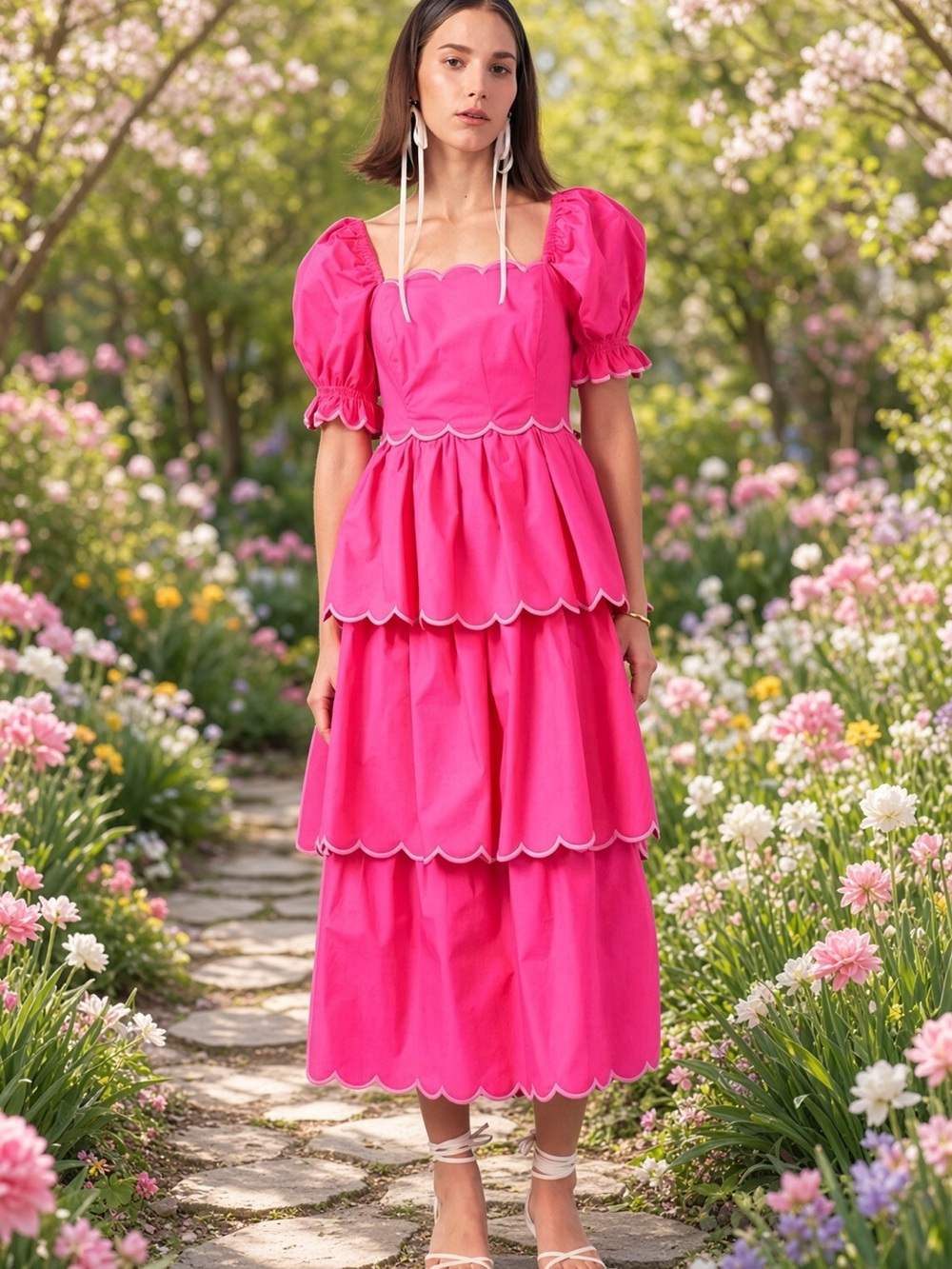 English FactoryScallop Tiered Dress Pink Medium NWT